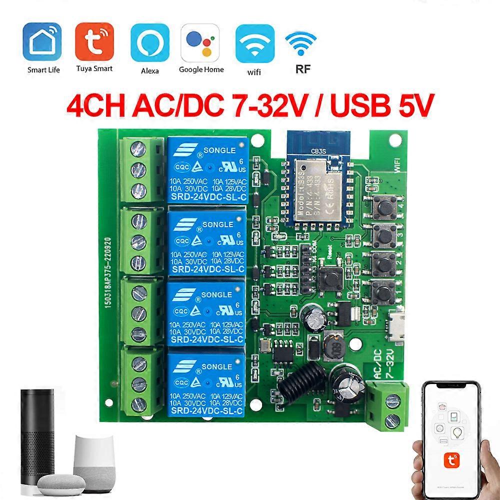 Tuya Wifi Smart Home Motor Controller 12V 24V 32V 220V RF433 Receiver 4 Channel Inching Pulse Relay for Alexa Google Smart Life