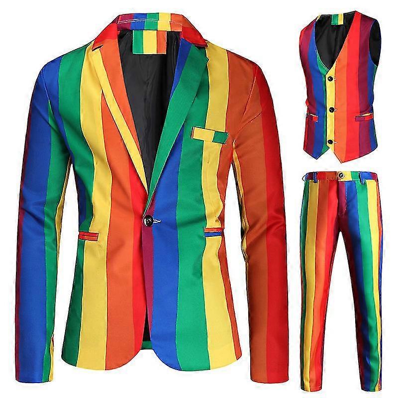 men's striped rainbow suit color combination one button three-piece set (jacket + pants+vest)