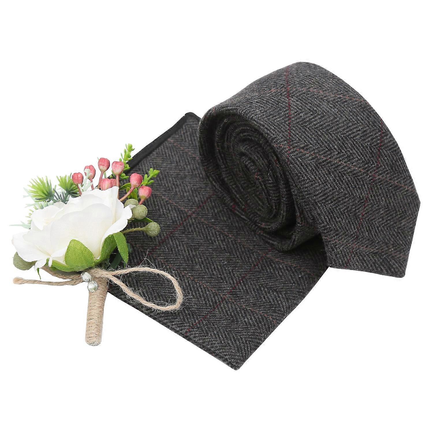 Charcoal Tweed Herringbone Check Tie and Pocket Square Set