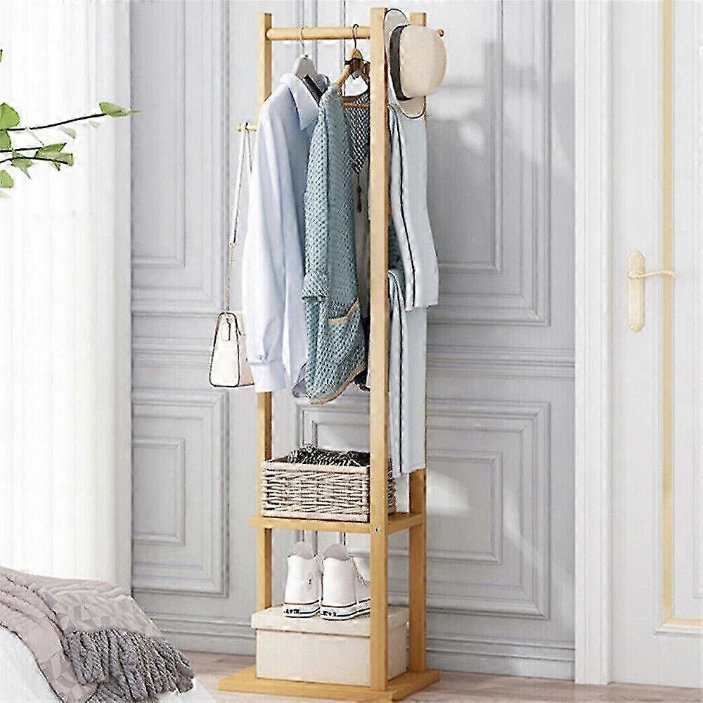 バンブーガーメントコートハントラックスタンドハットシューズ木製ハンガーホルダーシェルフ整頓