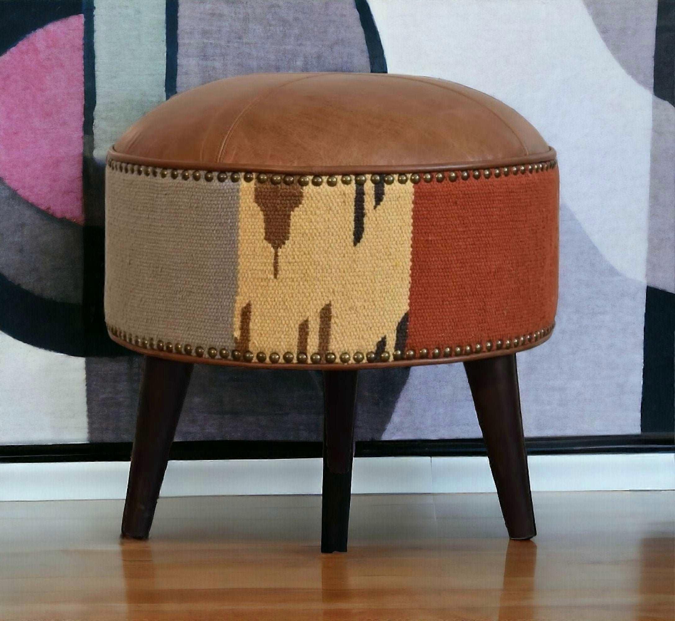 Footstool With Durrie Prints And Buffalo Leather