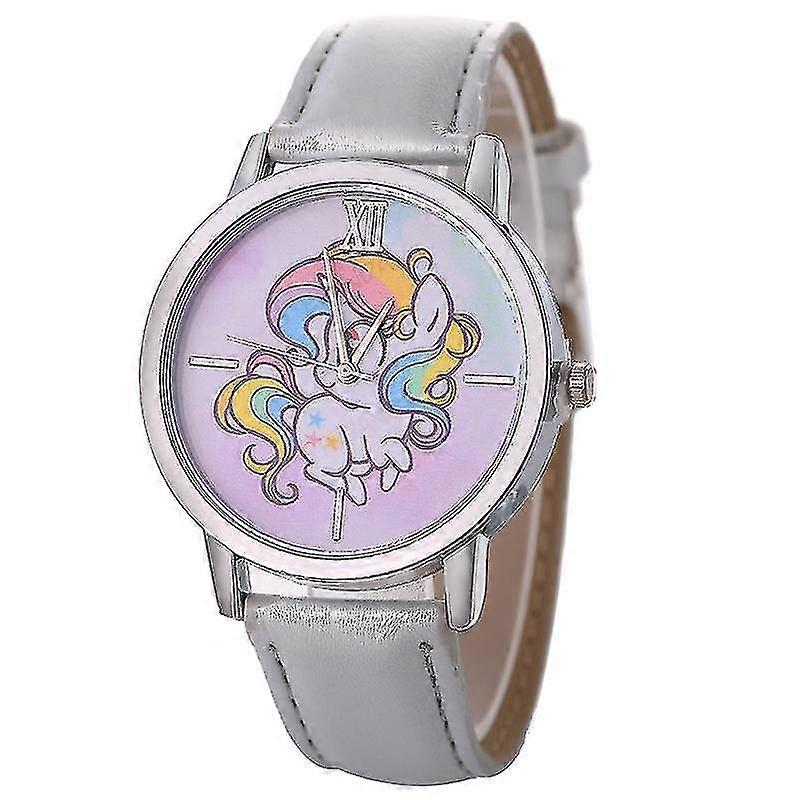 Unicorn Pattern Quartz Watch For Students - Cute Cartoon Girls Watch With Silver Leather Strap