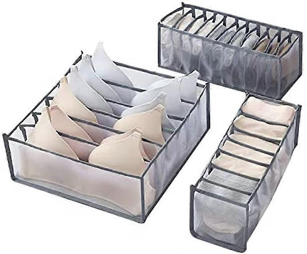 Underwear Storage Organizers, 3 Set Storage And Drawers For Bra,socks And Underwear, 6+7+11 Grid Bathroom Storage Containers, Gray