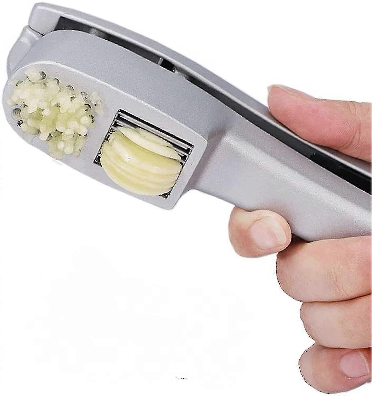 Garlic Press, 2 In 1 Garlic Mince And Garlic Slice With Garlic Cleaner Brush And Silicone Tube Peeler Set. Easy Squeeze, Rust Proof.-