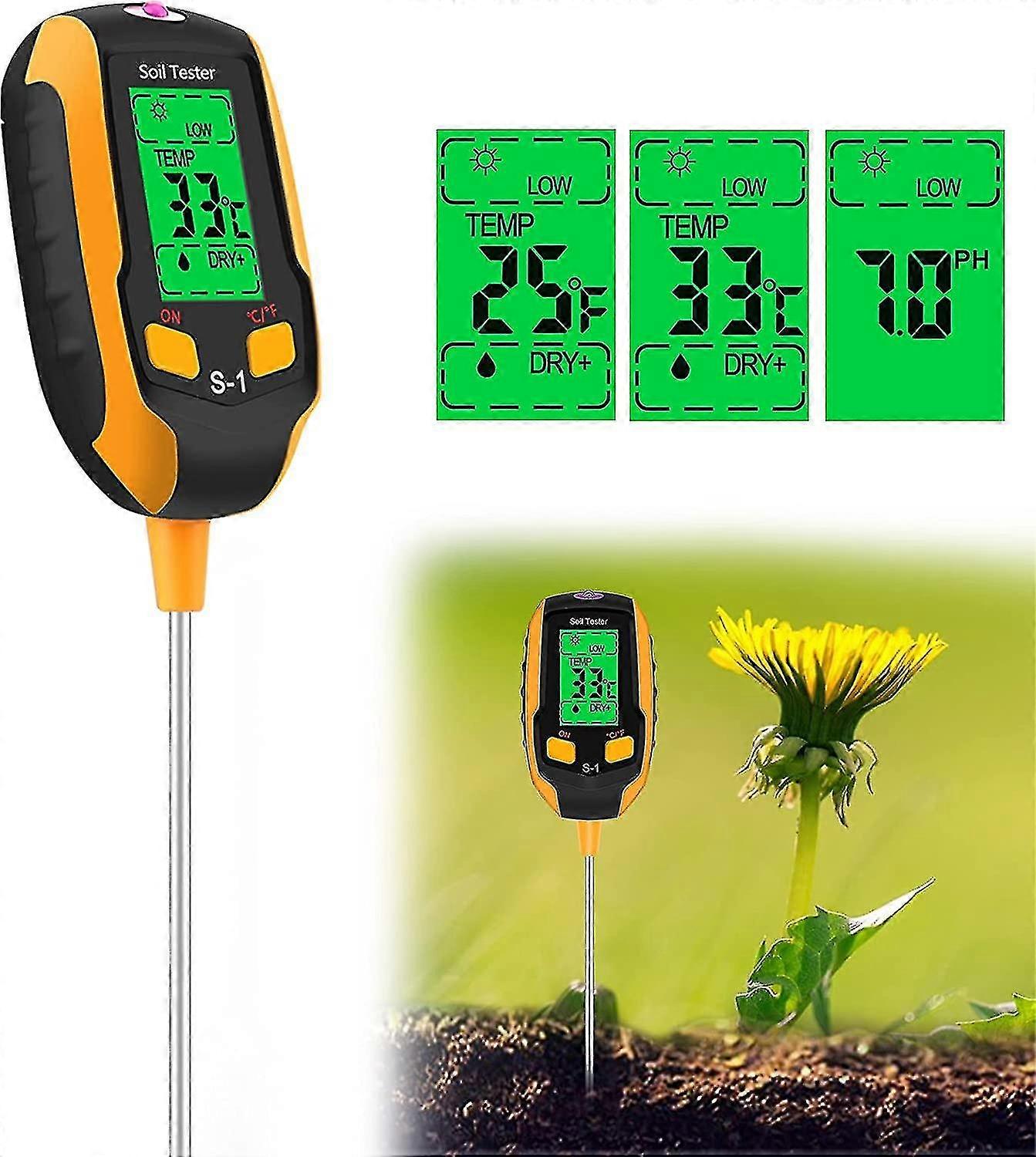 Upgraded 4-in-1 Soil Ph Meter, Soil Tester Moisture With Light/ph/temperature, Digital Plant Thermometer Test, Moisture Meter Light For Gardening, Far