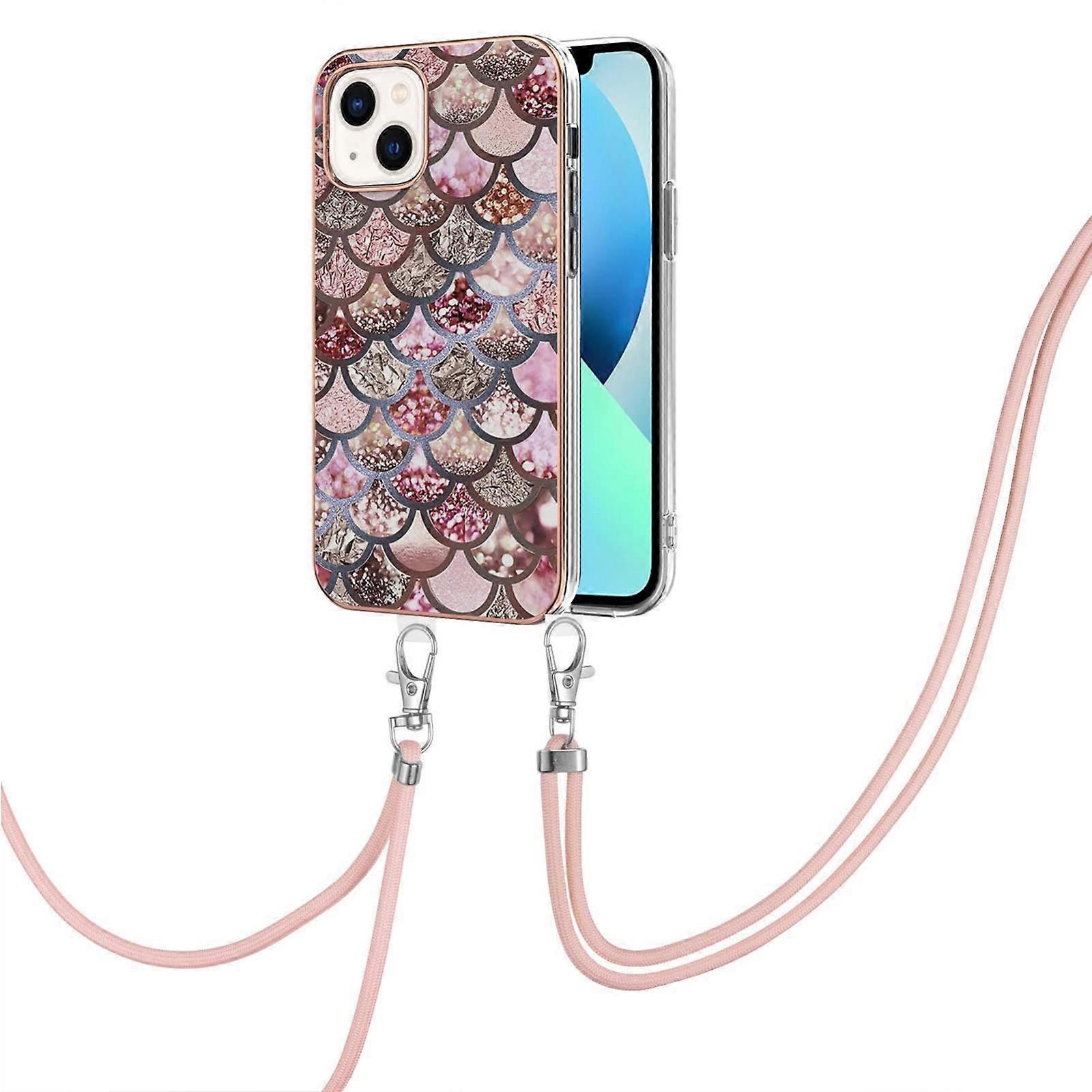 Electroplating Pattern IMD TPU Shockproof Case with Neck Lanyard For iPhone 14