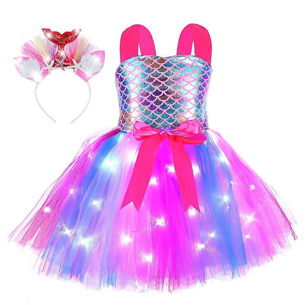 Girls Mermaid Tutu Dresses LED Light Up Shiny Outfit with Headband Halloween Birthday Party Dress Up Costume
