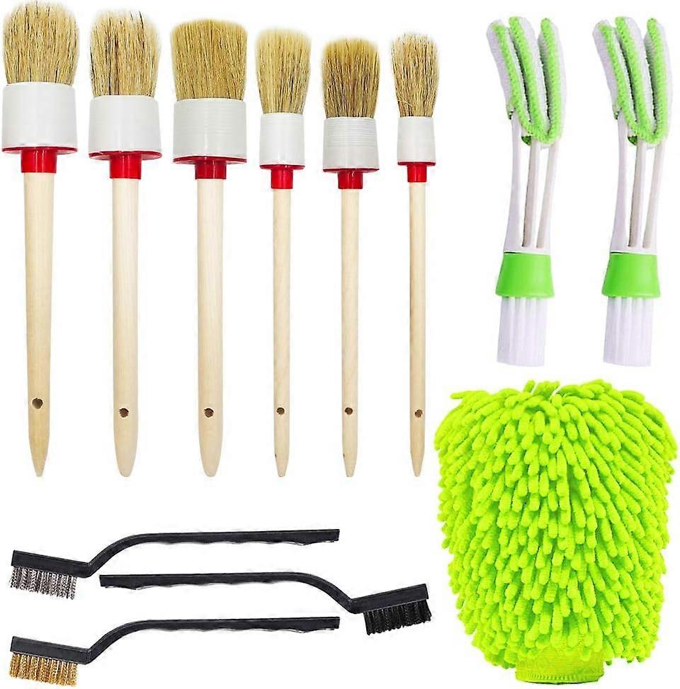 12 pices Brosse de dtail de Voiture, 6 Brosse de Nettoyage de Roue Kit de Nettoyage de Voiture 3 Outil de Brosse mtallique 2 Brosse d'aration 1 Gant d
