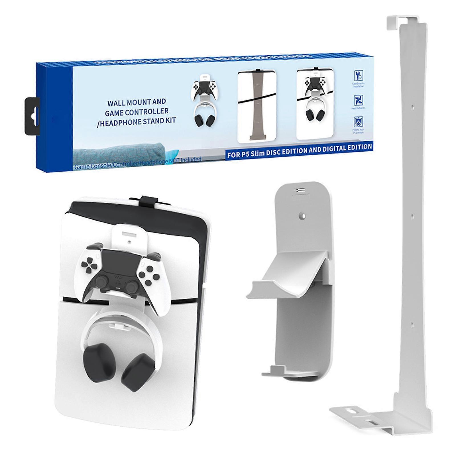 PS5 Slim Wall Mount Bracket for PS5 Slim Console, Sturdy Wall Bracket Vertical Display Organiser with Controller & Headset Holder
