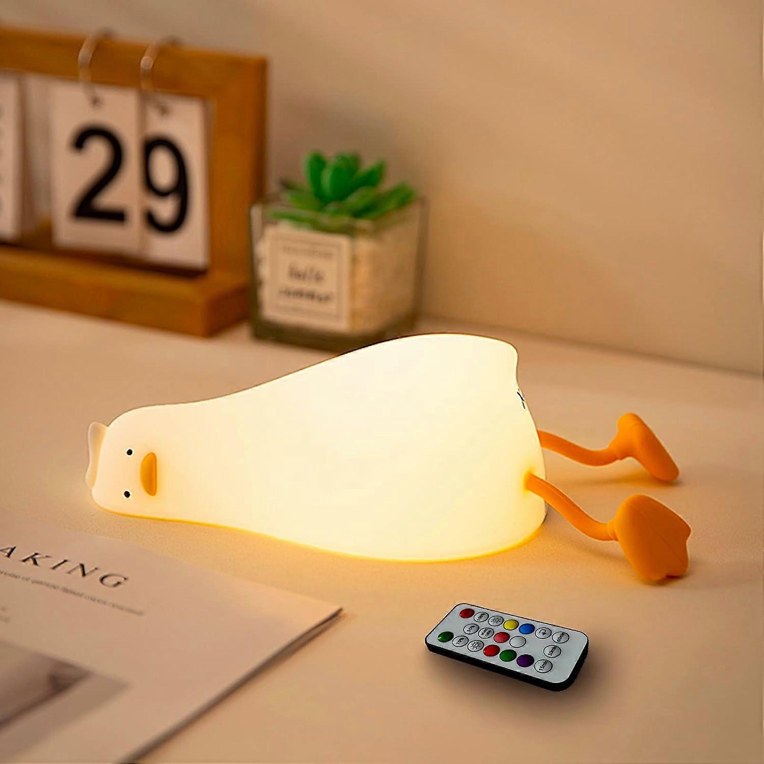 Lying Flat Benson Duck Multi-Color Lamp with Remote Control, Rechargeable Silicone Night Light, Dimmable Cute Light Up Duck, Nursery Nightlight, Bedsi