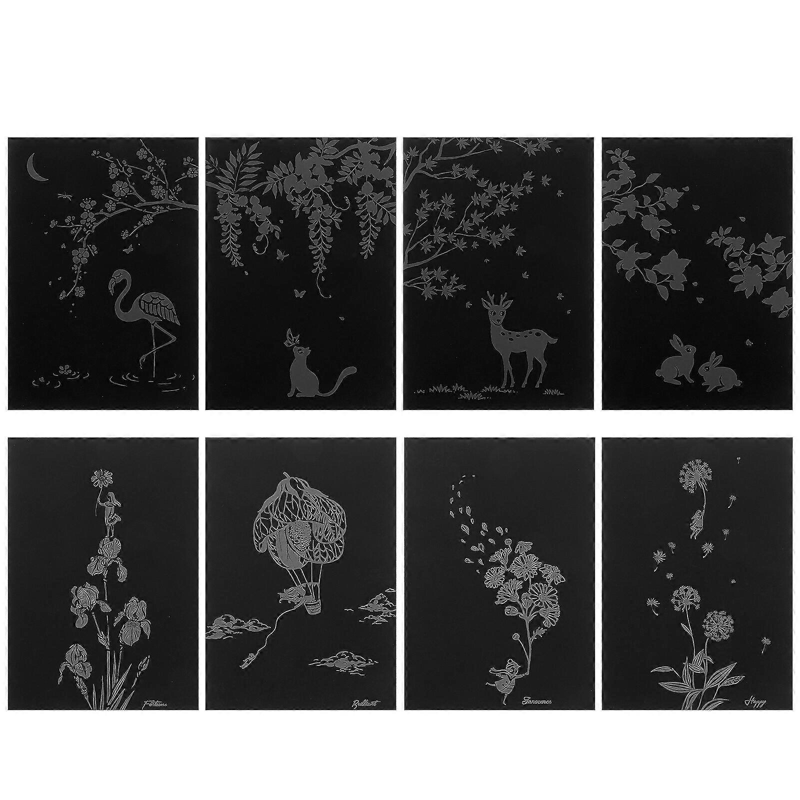 8pcs Plants Series Scratch Painting Scratch Paper Art Set Greeting (Black)