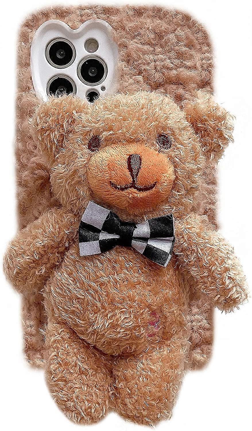 Poupe de dessin anim jouet iPhone 11 Pro Max Case, moelleux 3D mignon en peluche fourrure animal couverture souple compatible avec la coque iPhone (iPhone 11 Pro Max, ours nud papillon)