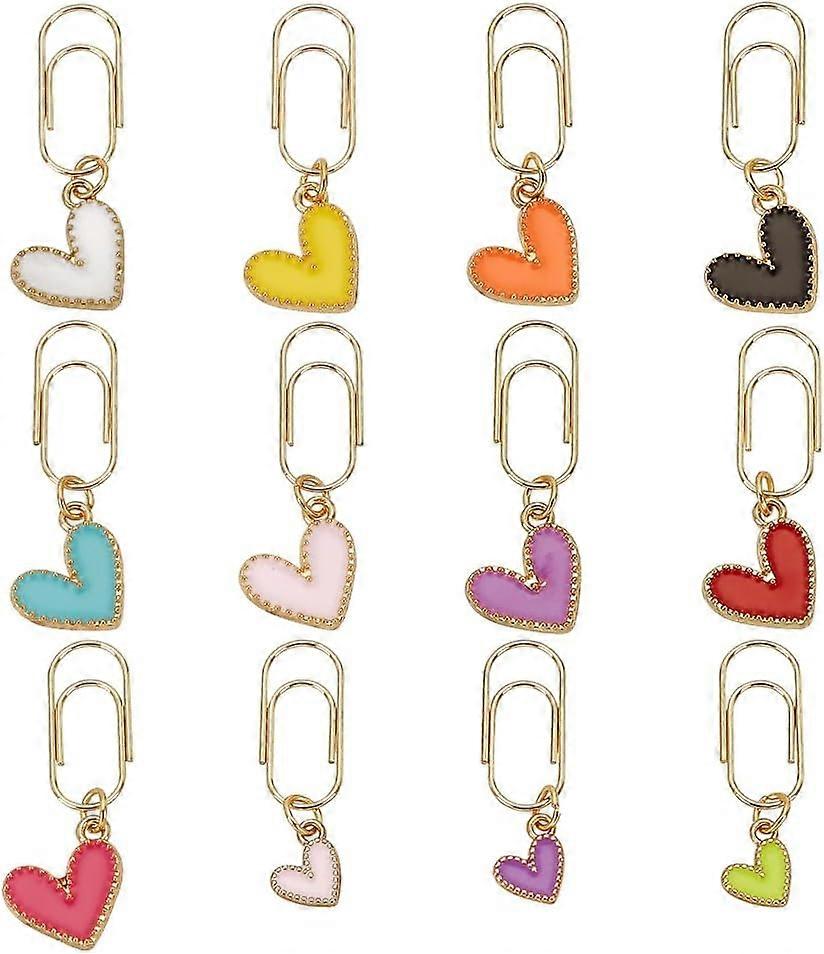 12Pcs Heart Theme Paperclips 1.2~1.4 Inch Metal Paper Clip with Alloy Enamel Heart Pendant Paperclip Bookmark for Paper Document Note Sorting and Orga
