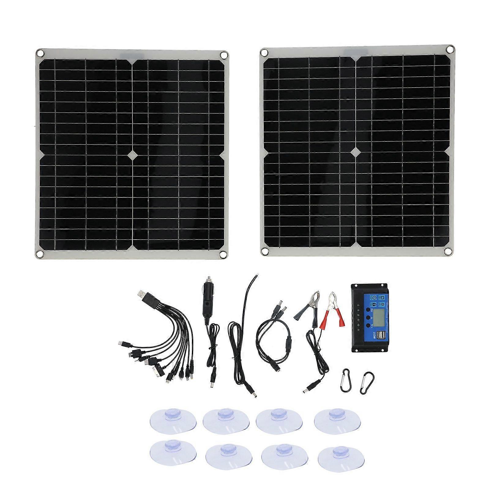 2Pcs 20V 25W Flexible Solar Panel Module with 20A Solar Controller Cable Battery Clip
