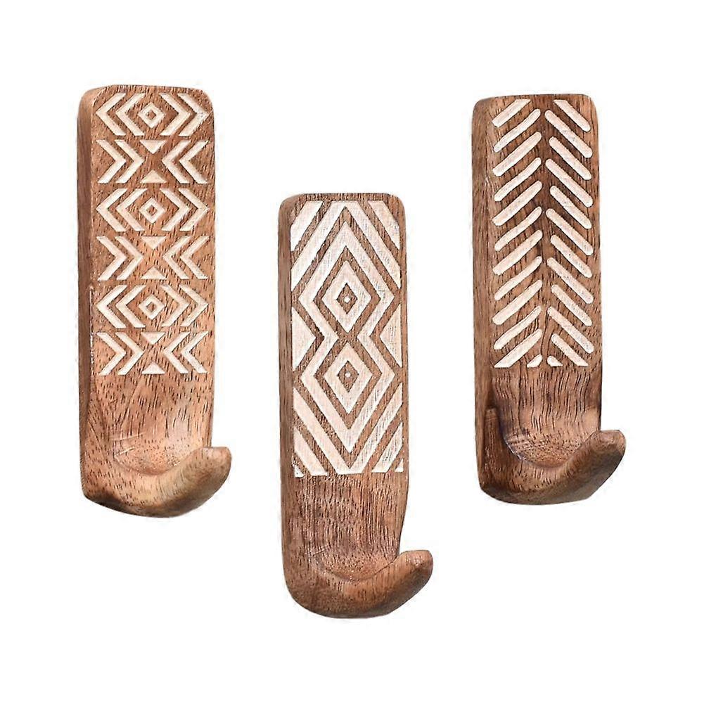 3 Pack Non-Destructive Wood Wall Hooks - Adhesive Wall Hooks - Boho Decorative Wall Hooks