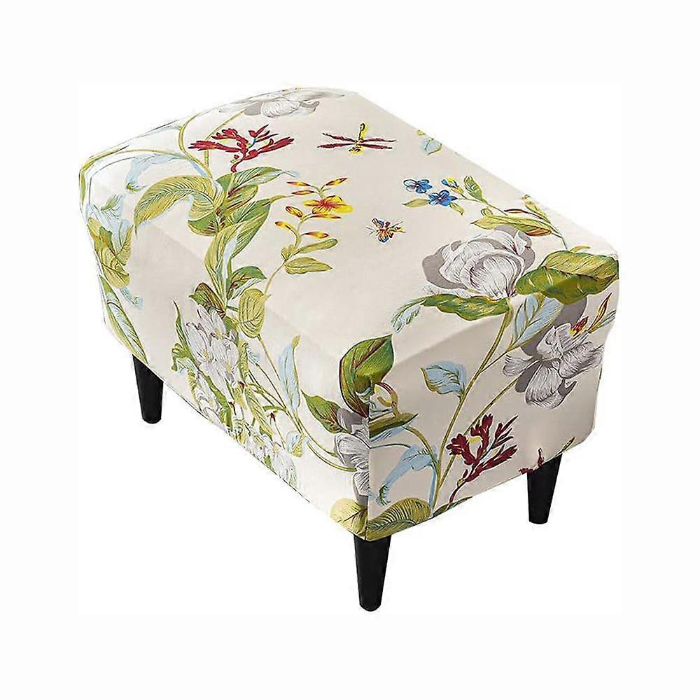 Överdrag till fotpall, pallöverdrag för rektangulär fotpall, stretchöverdrag, ottomanöverdrag, pallskydd, tvättbart pallöverdrag (blomma och löv)