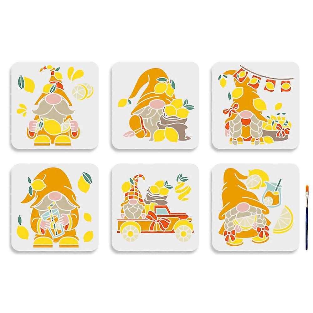 1 Set Lemon Theme PET Hollow Out Drawing Painting Stencils for DIY Scrapbook Photo Album with 1Pc Art Paint Brushes Gnome 200x200mm 6pcs/set