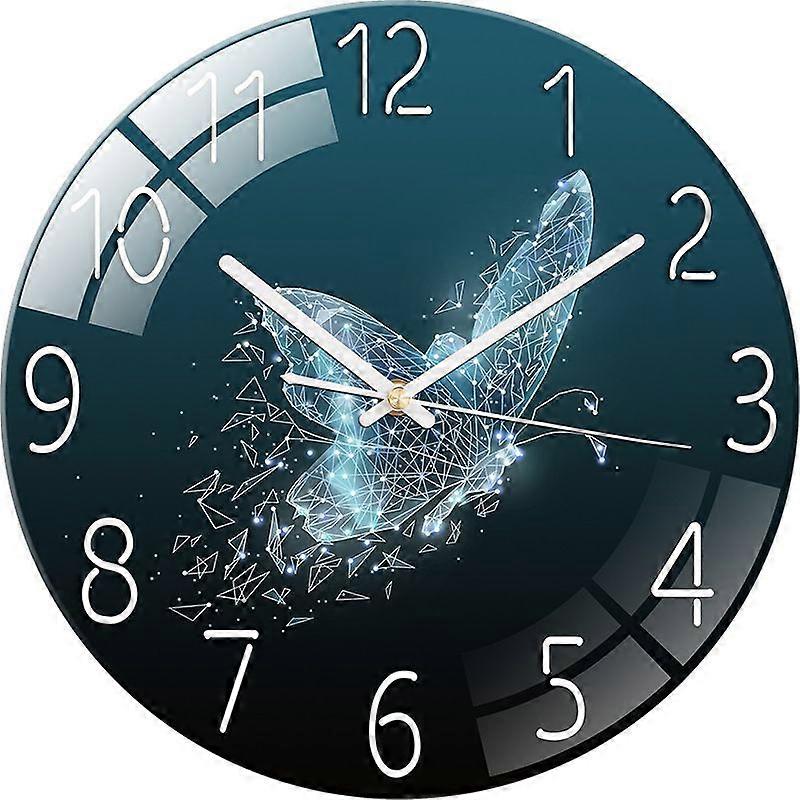 Glass Wall Clock Silent Non Ticking Wall Clock- 12 Inch Quality Quartz Battery Operated Round Clock for Home Office Butterfly