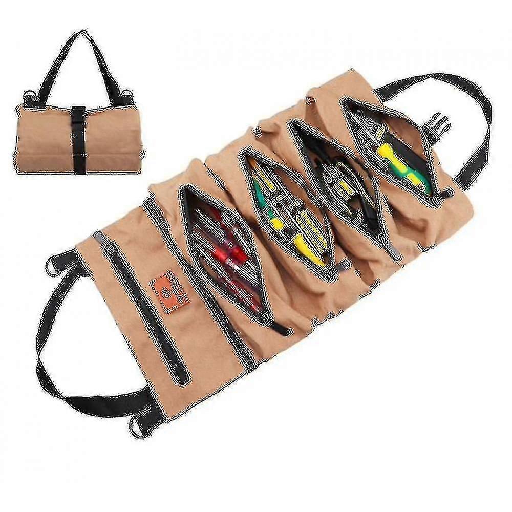 Multi-purpose Tool Roll Up Bag, Canvas Tool Organizer Bucket(khaki)