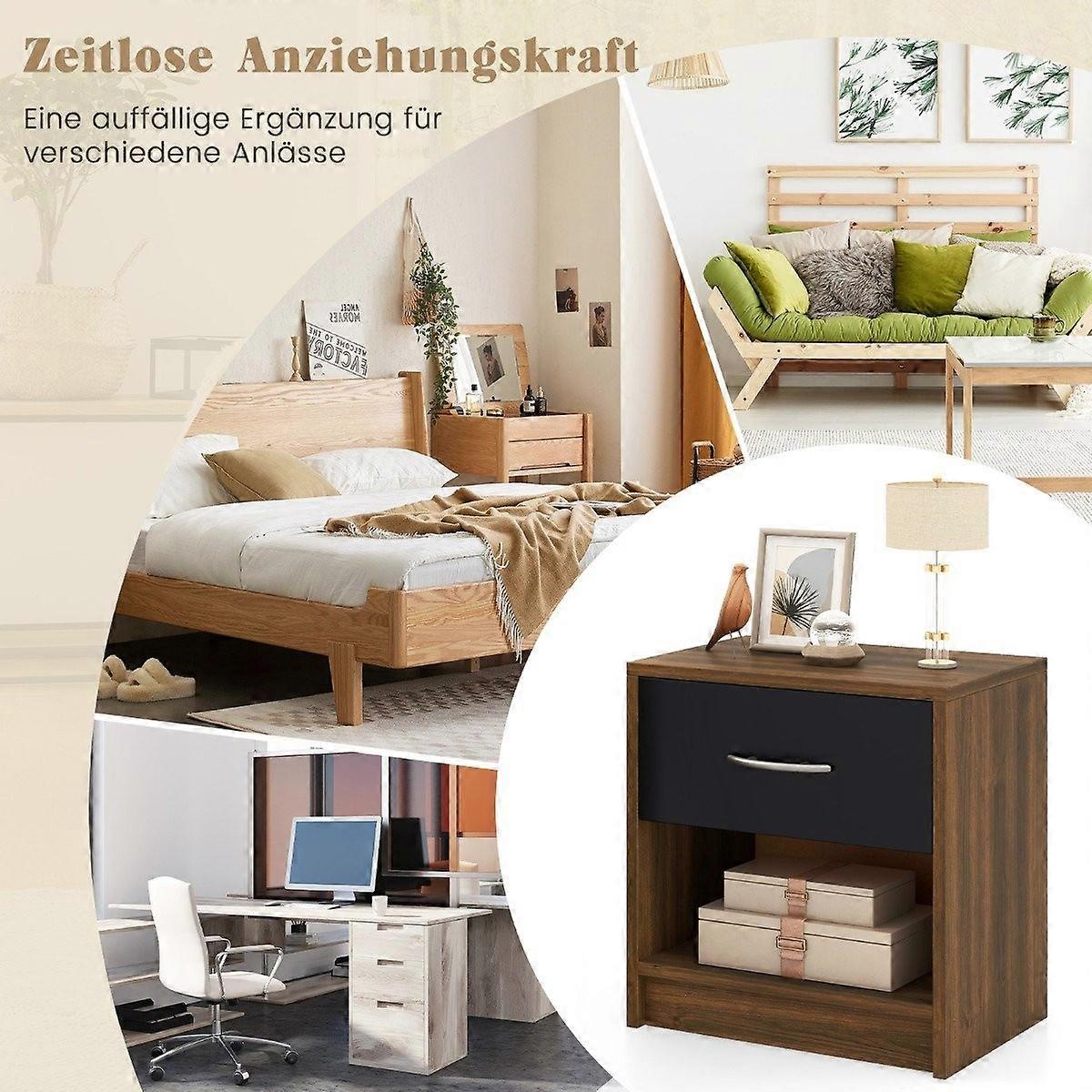 Bedside Table with Drawer Small Side Table with Open Compartment 38.5 x 28 x 40.5 cm Brown + Black