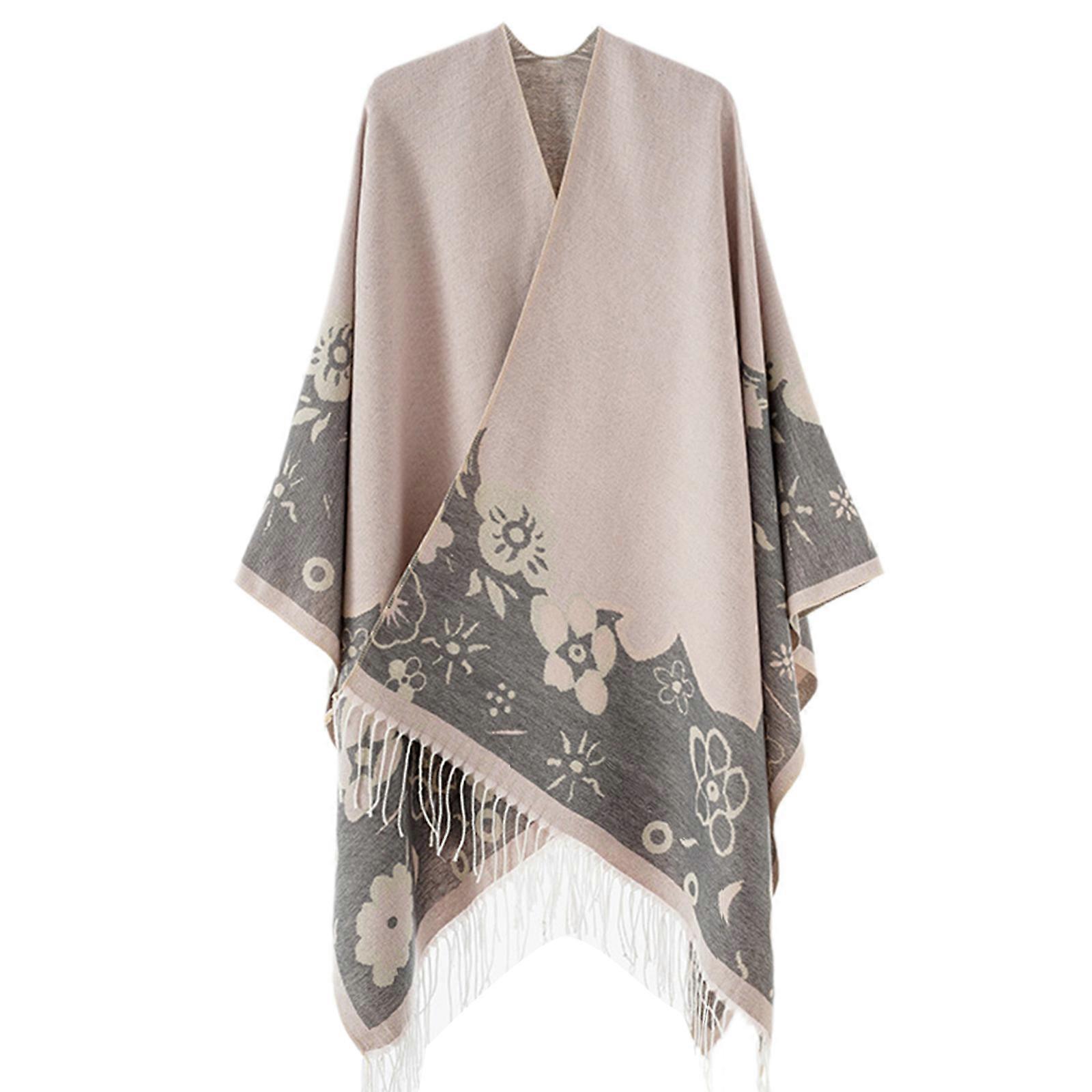 Stylish Women's Tassels Ponchos Capes with Floral Pattern Open Front Cardigan Shawl Wrap Winter Fall Sweater Cloak Scarf  Pink