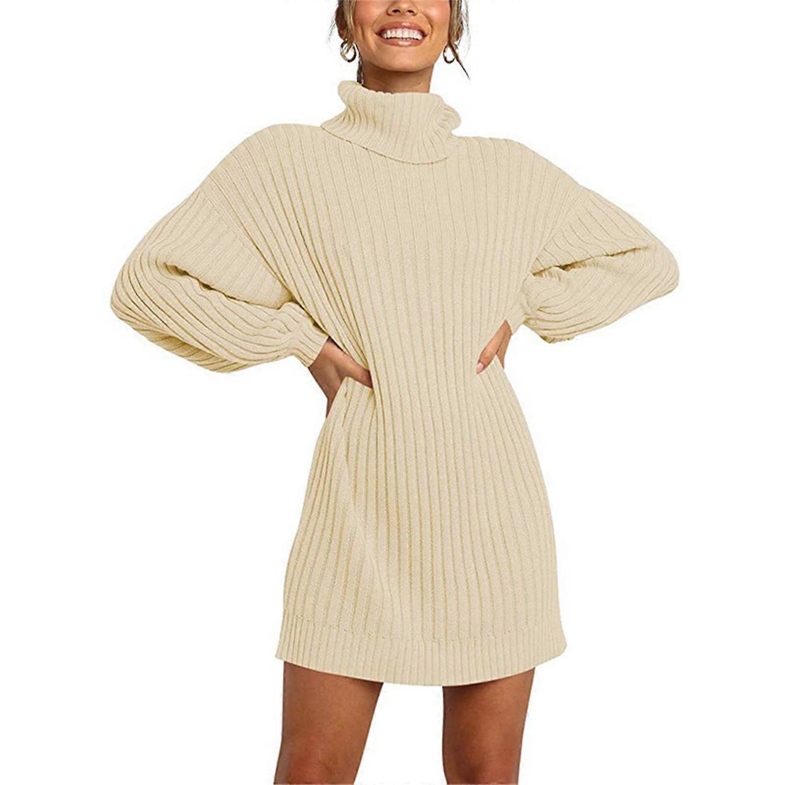 Womens Balloon Long Sleeve Turtleneck Sweater Dress Ribbed Knitted