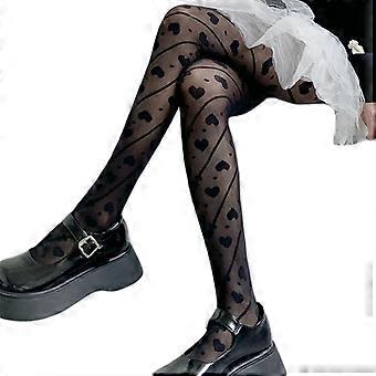 Meia-calça transparente feminina Lolita Sweet Striped Bow Heart Print Sheer Tights Branco