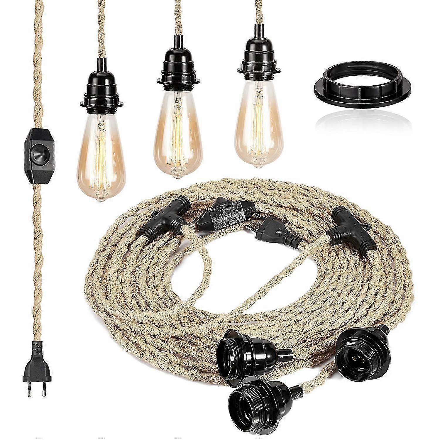 E27 2 Core Linen Electrical Cable Twisted Electrical Cable For Light Fixtures With Adjustable Switch And 6.8m Lamp Socket (Three Lamp Sockets)