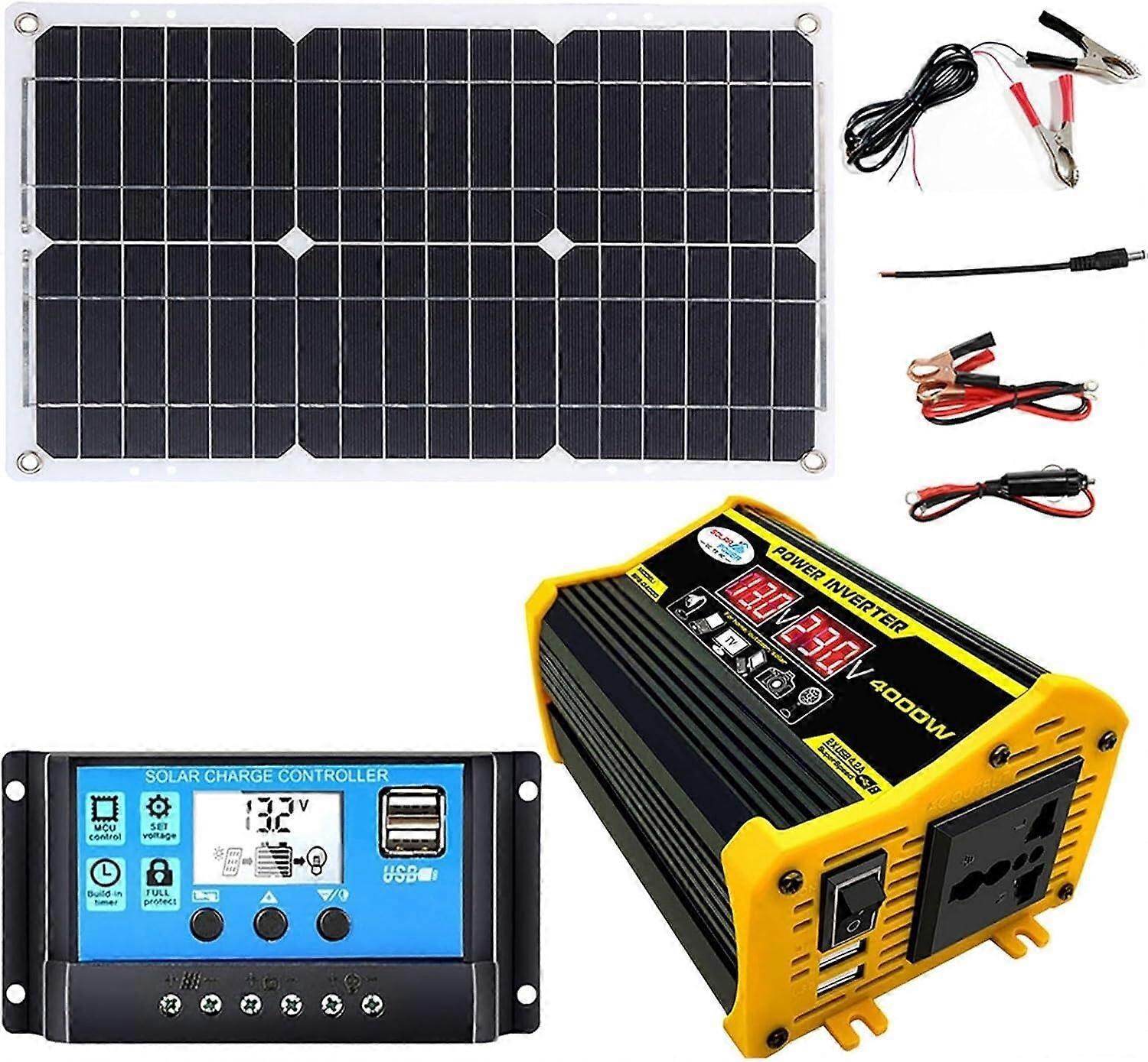 4000W Solar Inverter Kit with 18W Waterproof Panel and 30A Solar Charge Controller for RVs, Boats, and Home Use Black