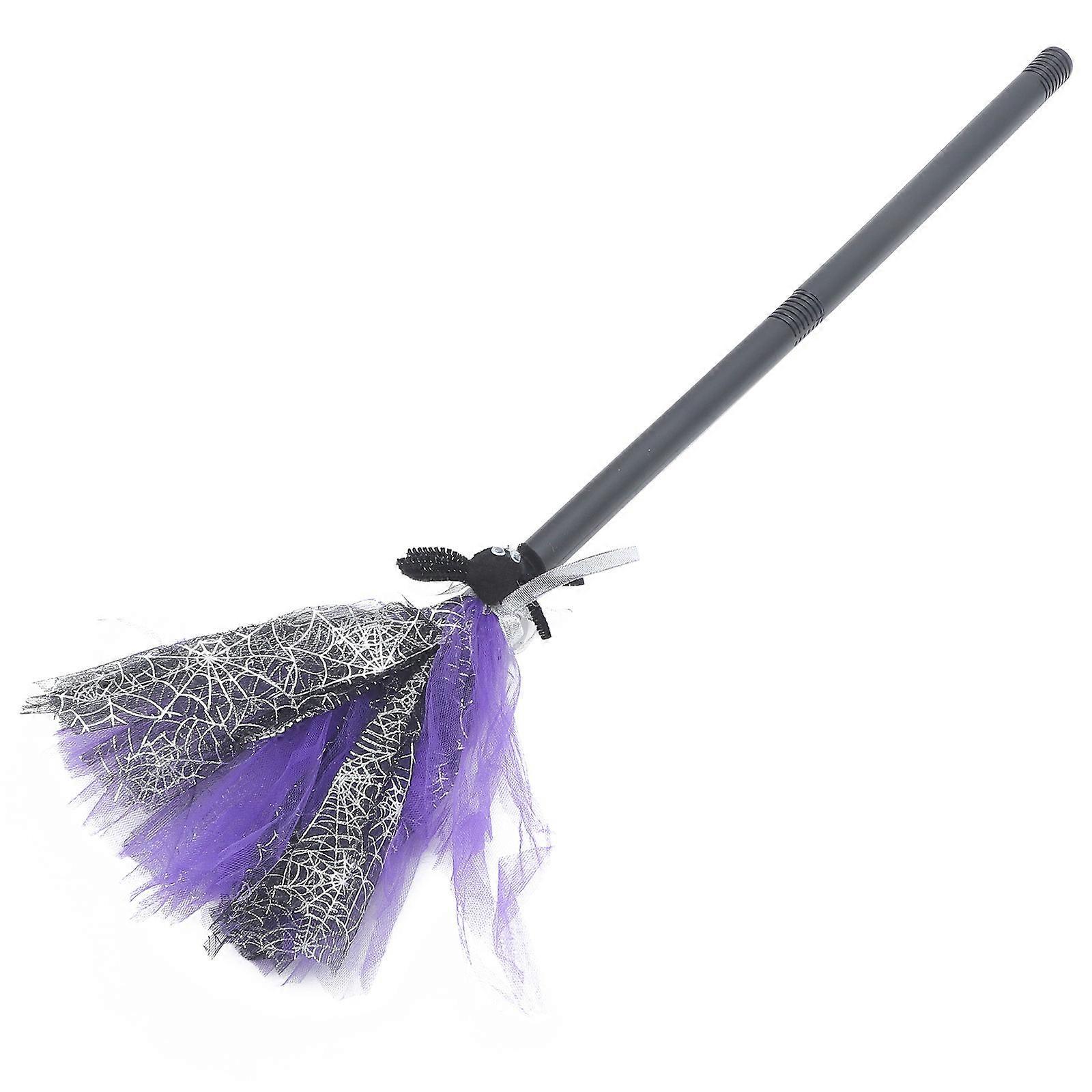 Lightweight Plastic Halloween Witch Broom Cosplay Prop with Gauze Handle for Party Decoration and Festive Costume Accessory
