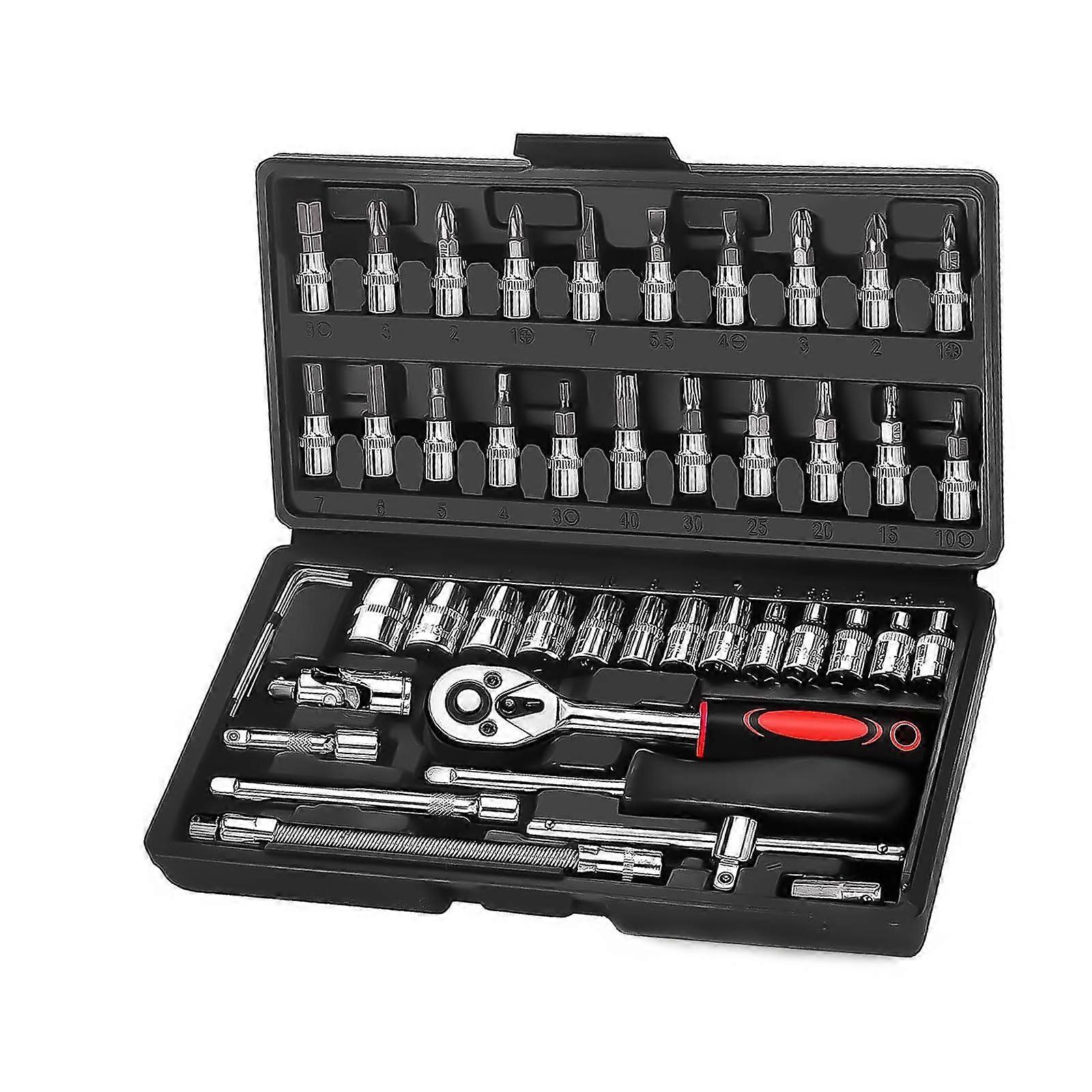 Nut Box with Ratchet 46-Piece Socket Spanner Set Chrome-Plated Tool Box 1/4 Inch Wrench Set for Bikes and Cars