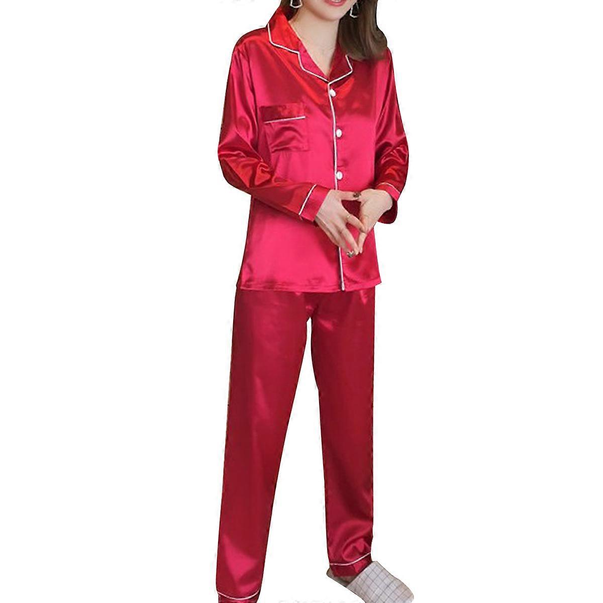 Women Sleepwear Set Comfortable to Wear Durable Breathable Long Sleeve Cardigan Nightclothes Kit for Indoor Use Red 1Set