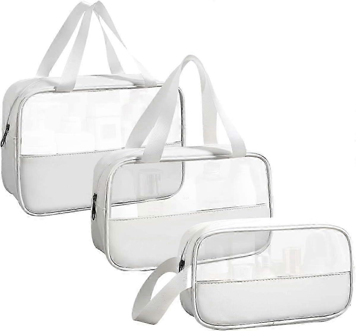 ホワイトクリアトイレタリーバッグセット、ハンドル付き3pcs防水PVCトラベルオーガナイザー