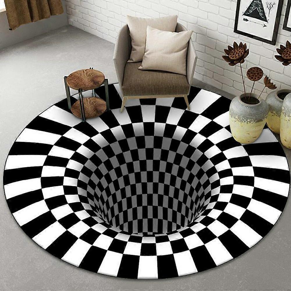 3D Optisk Illusion Runda Mattor 100cm Diameter Mattor Svart Vit Spiral Virvel Design Vardagsrum M