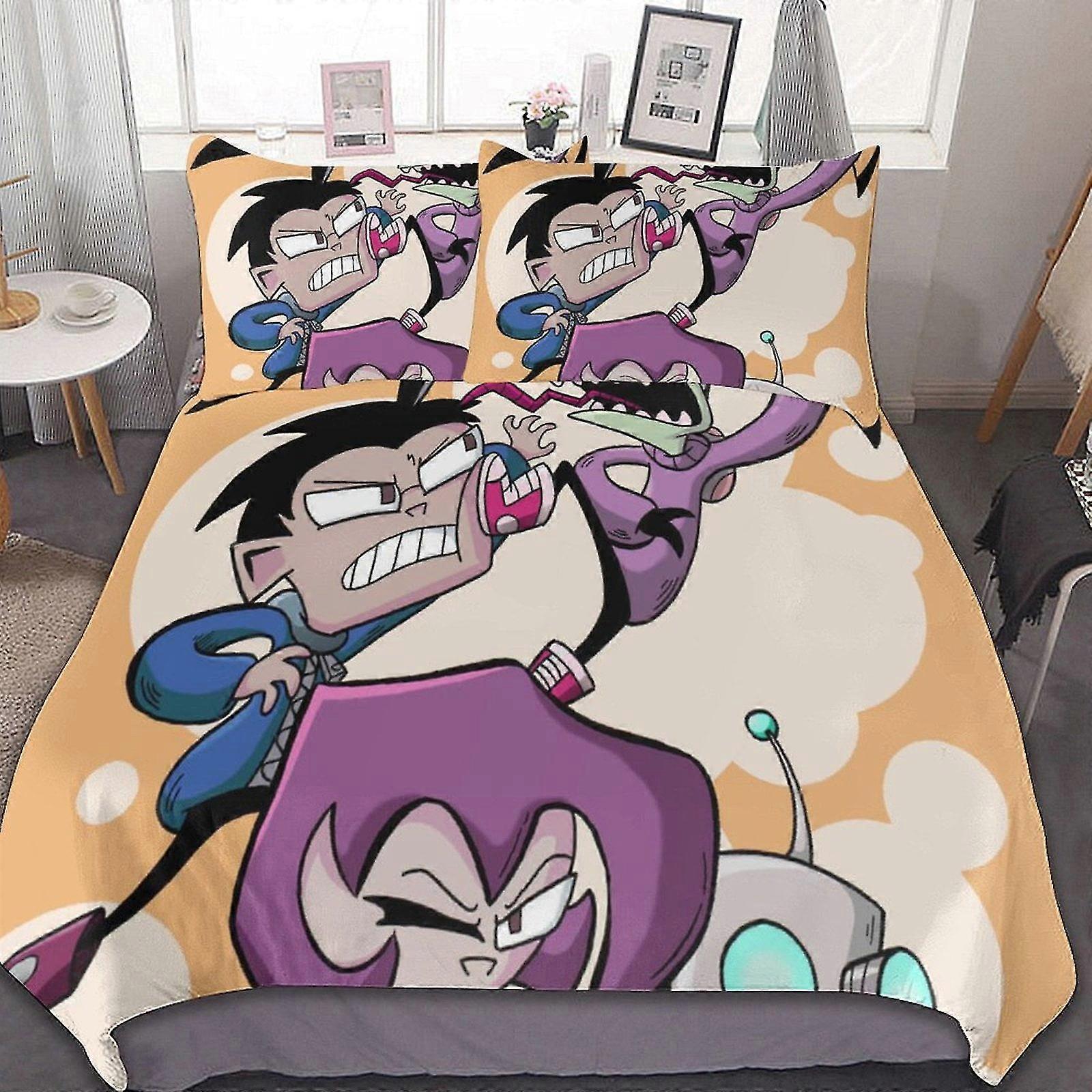 3 pezzi Set di biancheria da letto per i personaggi Invader Zim Comodi Set di piumini morbidi Regali per la camera da letto con 1 copripiumino 2 federe