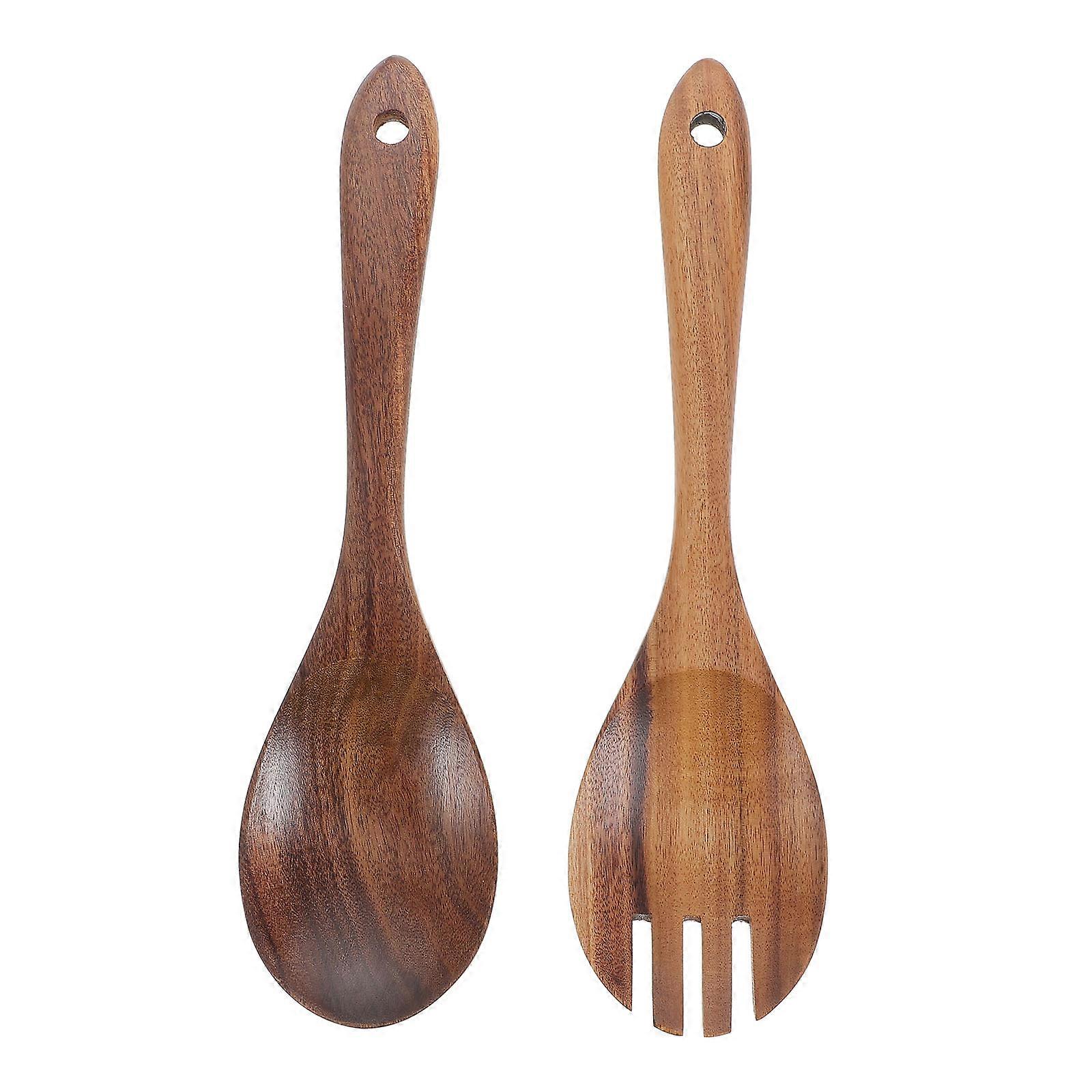 Serving Wood Spoons Salad Dinner Fork Set Natural Wooden Utensils Tableware 2-Piece Set