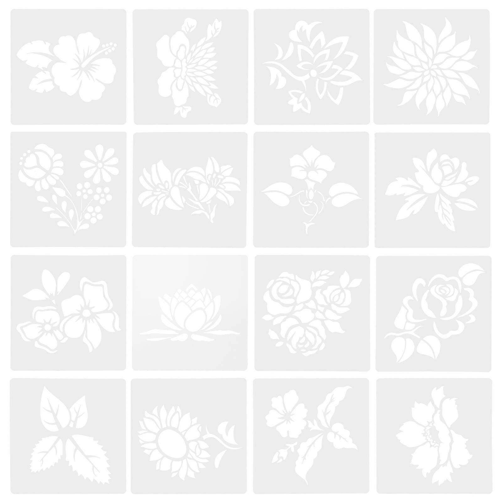 Reusable Flower Stencils Creative Painting Templates Floor Decoration 15X15CM 16Pcs White