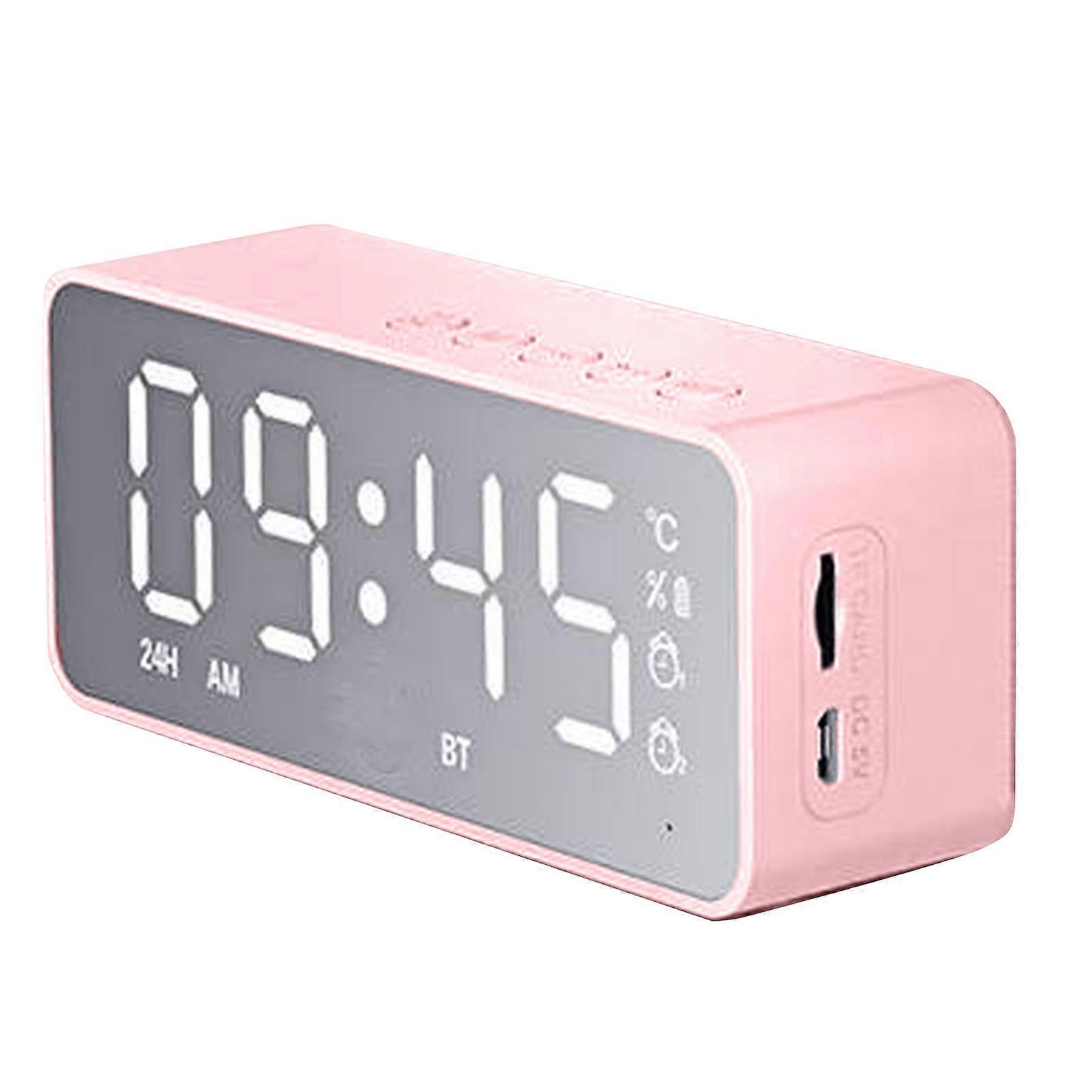 Pink Bluetooth Speaker Alarm Clock with Mirror Surface, Dual Alarms, and Radio Function