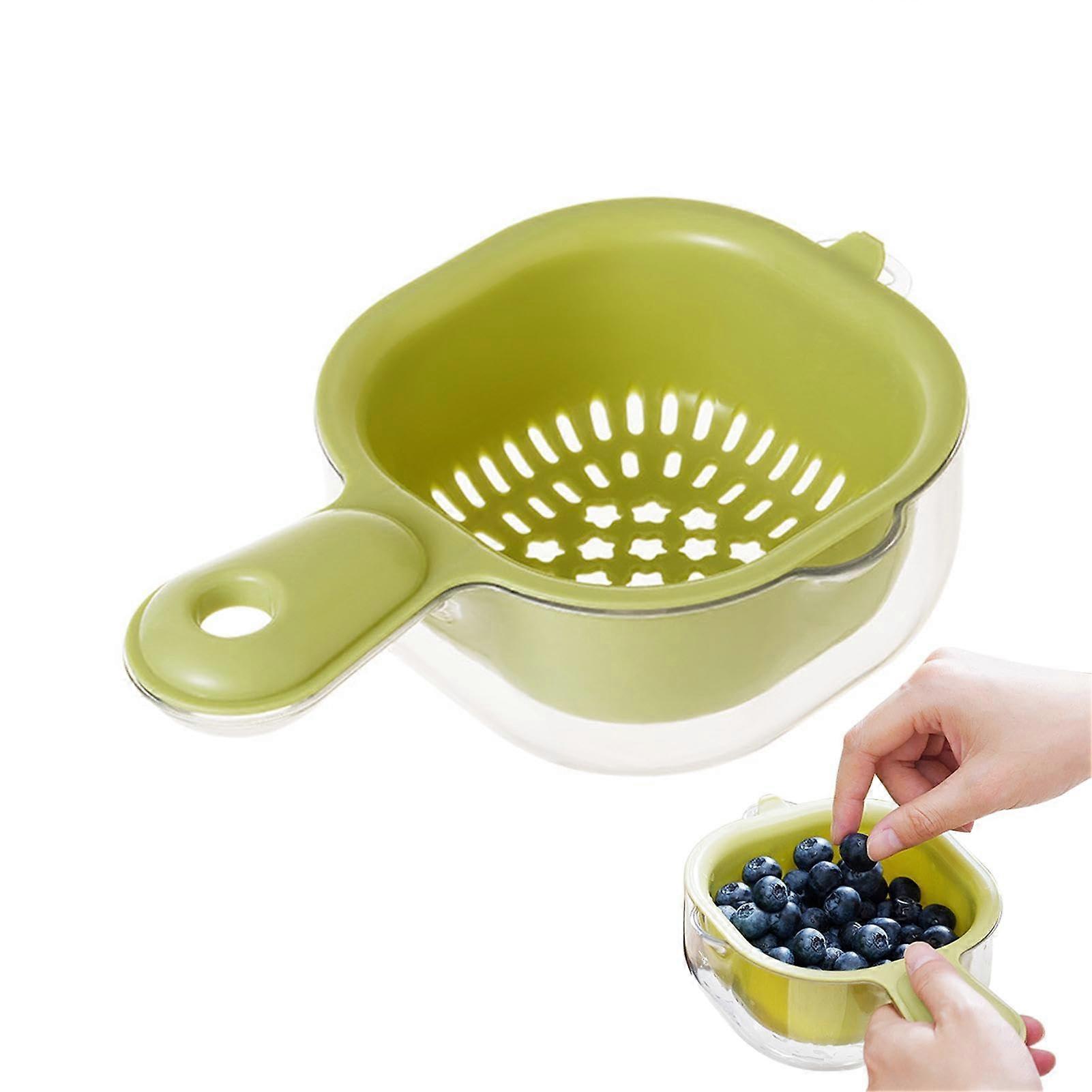 Fruit Strainer, Double Layer Draining Basket with Handle for Kitchen, Plastic Berry Washing Strainer in Green, Multi-Purpose Drainer