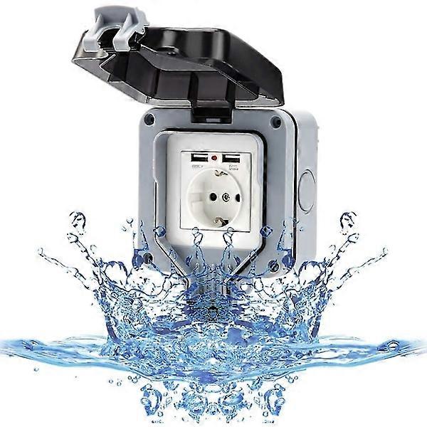 Outdoor wall socket with USB socket for outdoor use, IP66 waterproof socket, garden socket, surface mounting, wet room protected socket, outdoor Wit