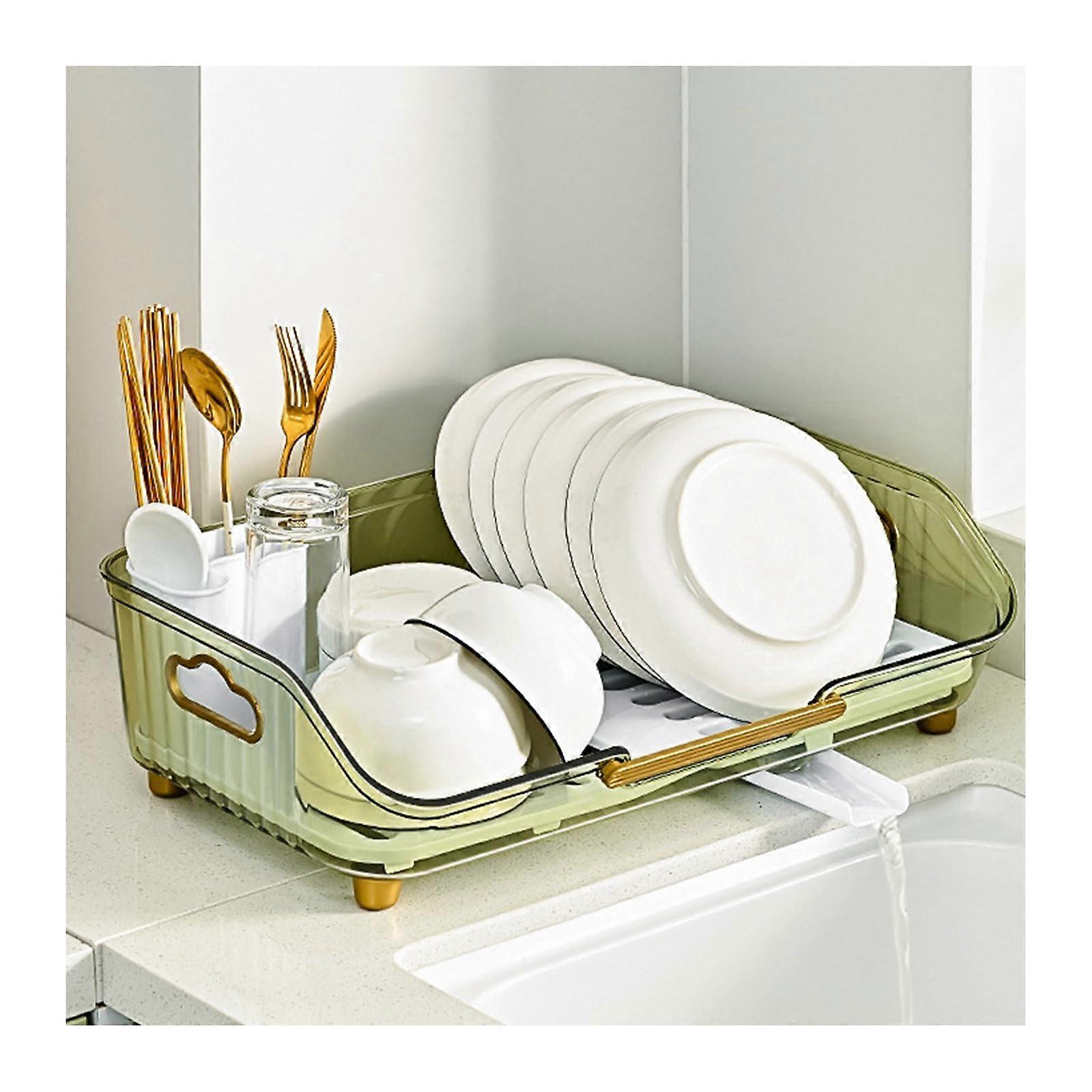 Draining rack for the kitchen, with utensil holder and drip tray, organizer with large capacity for efficient use on the countertop, green