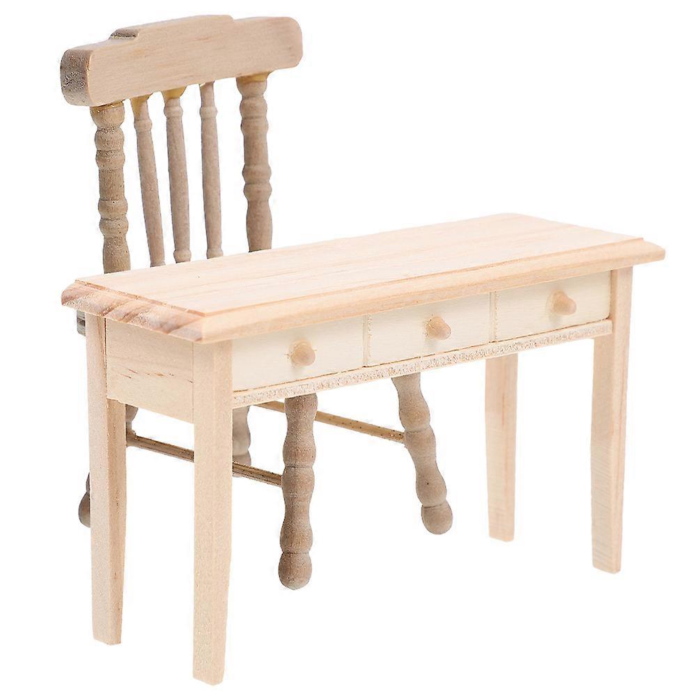 Miniature Desk and Chair Set Wooden Accessories for Decoration Khaki Color 1 Set