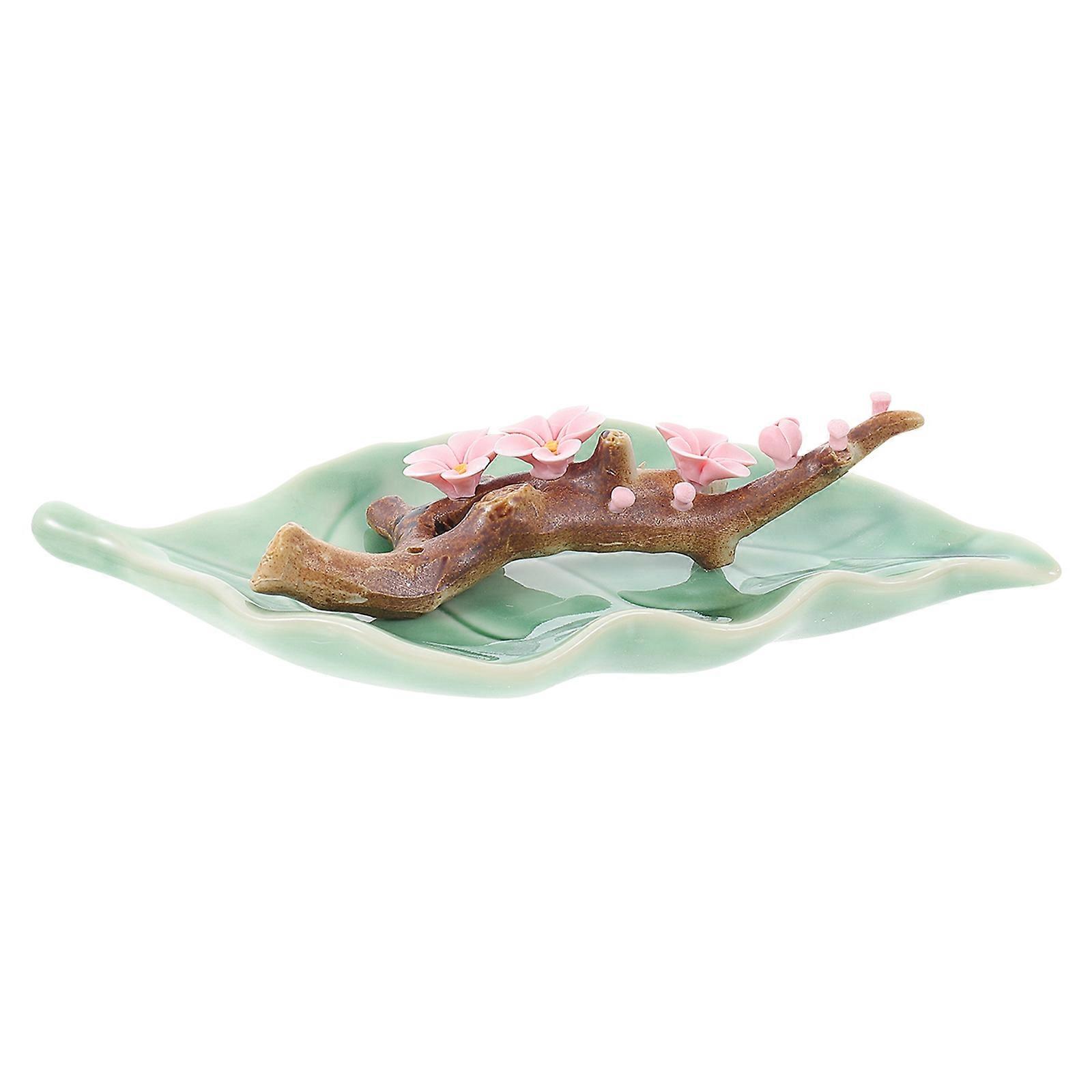 Ceramic Incense Burner with Red Peach Blossom Design, Handmade Desktop Ornament for Meditation and Air Purification, Ideal for