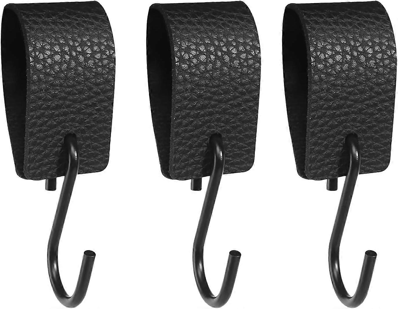 3Pack Black S Hooks, Hanging Hook with Leather Loop, Metal Hooks