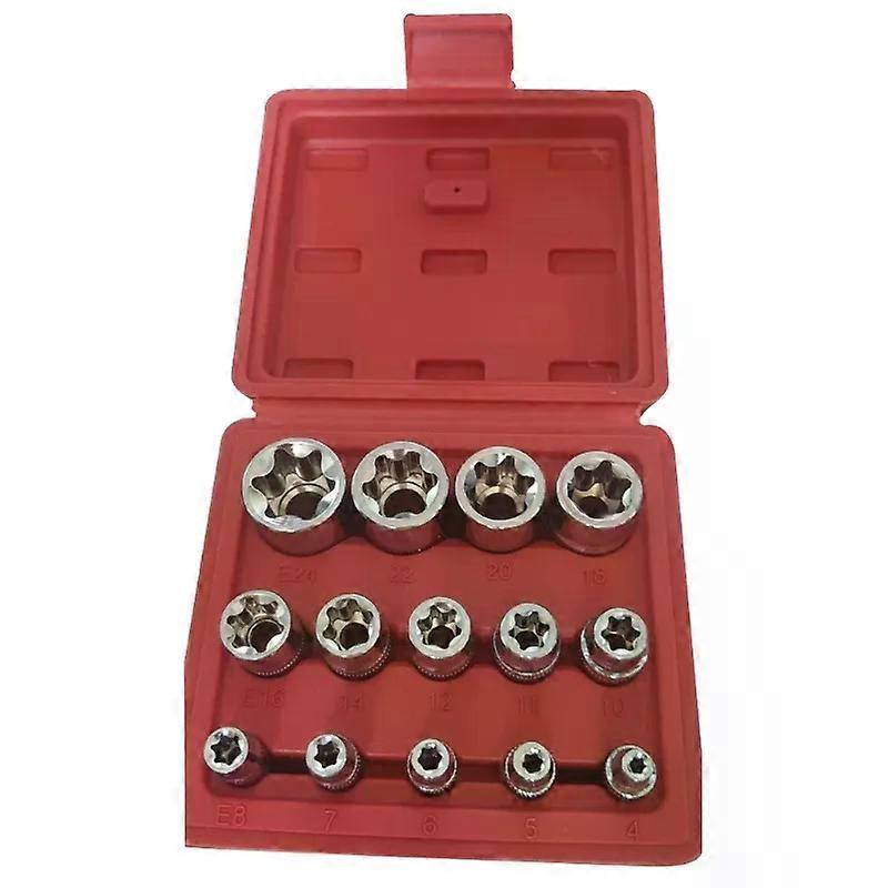 14Pcs Female E-TORX Star Socket Set with Rail Female External Star Socket, E4 - E24 Torque Socket Set, 1/4" 3/8" 1/2"