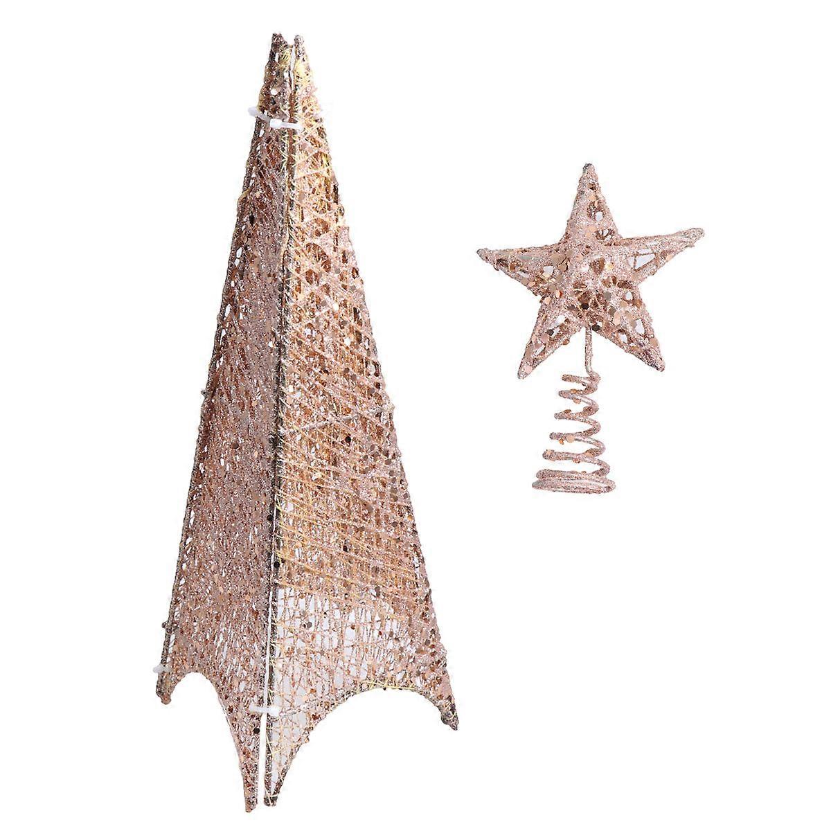 Miniature Tree Ornaments Glowing Effect Tower Shaped Christmas Design Home Adornment Golden 1Pack