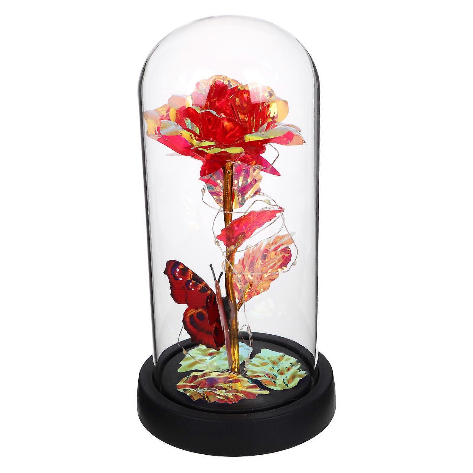 Romantic Red Simulation Rose with Built-in Lights in Glass Dome for Home Decor Valentine's Day Gift