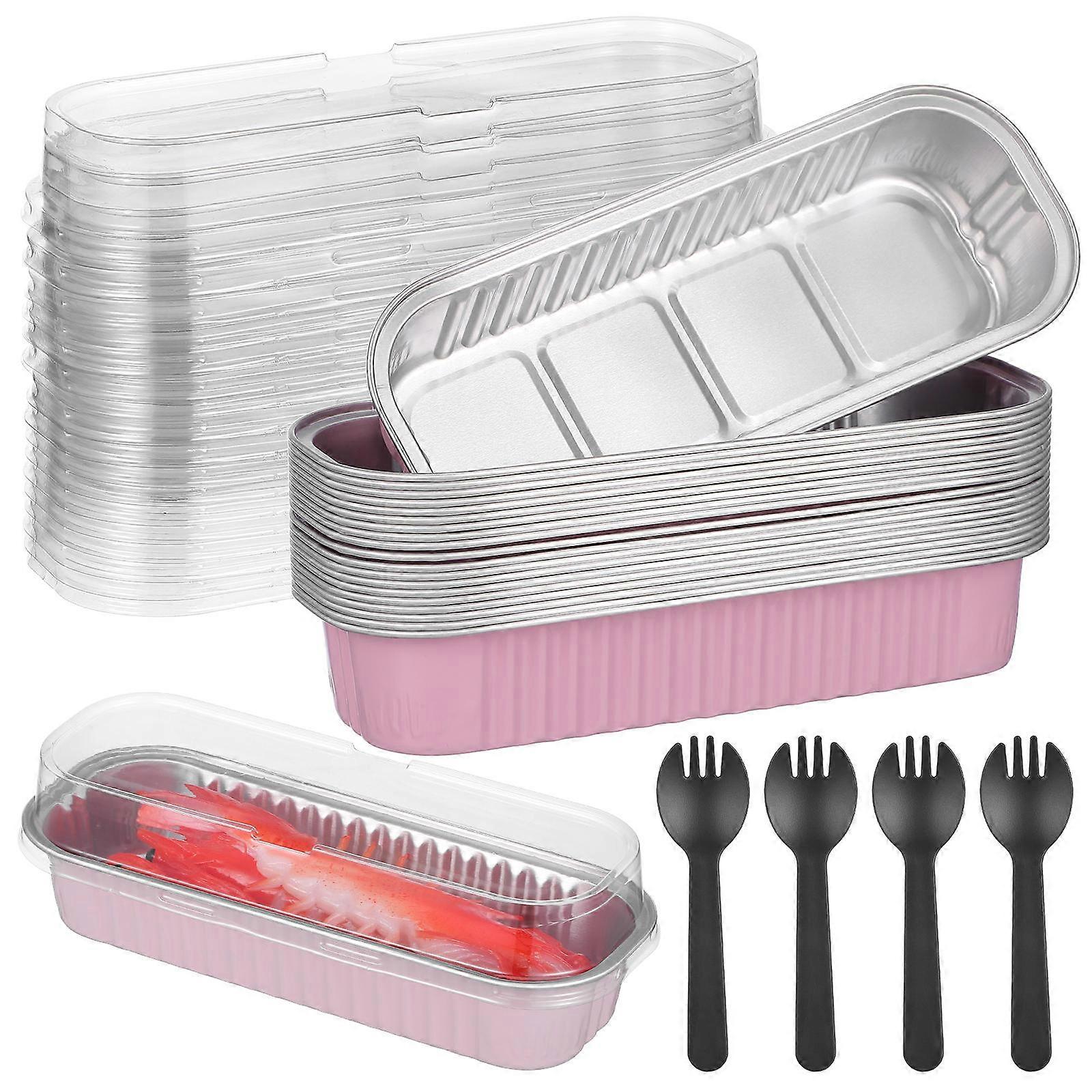 Mini Cake Pans with Lids and Spoons Pink Aluminum Foil Loaf Pans for Kitchen Use 20 Sets 200ML