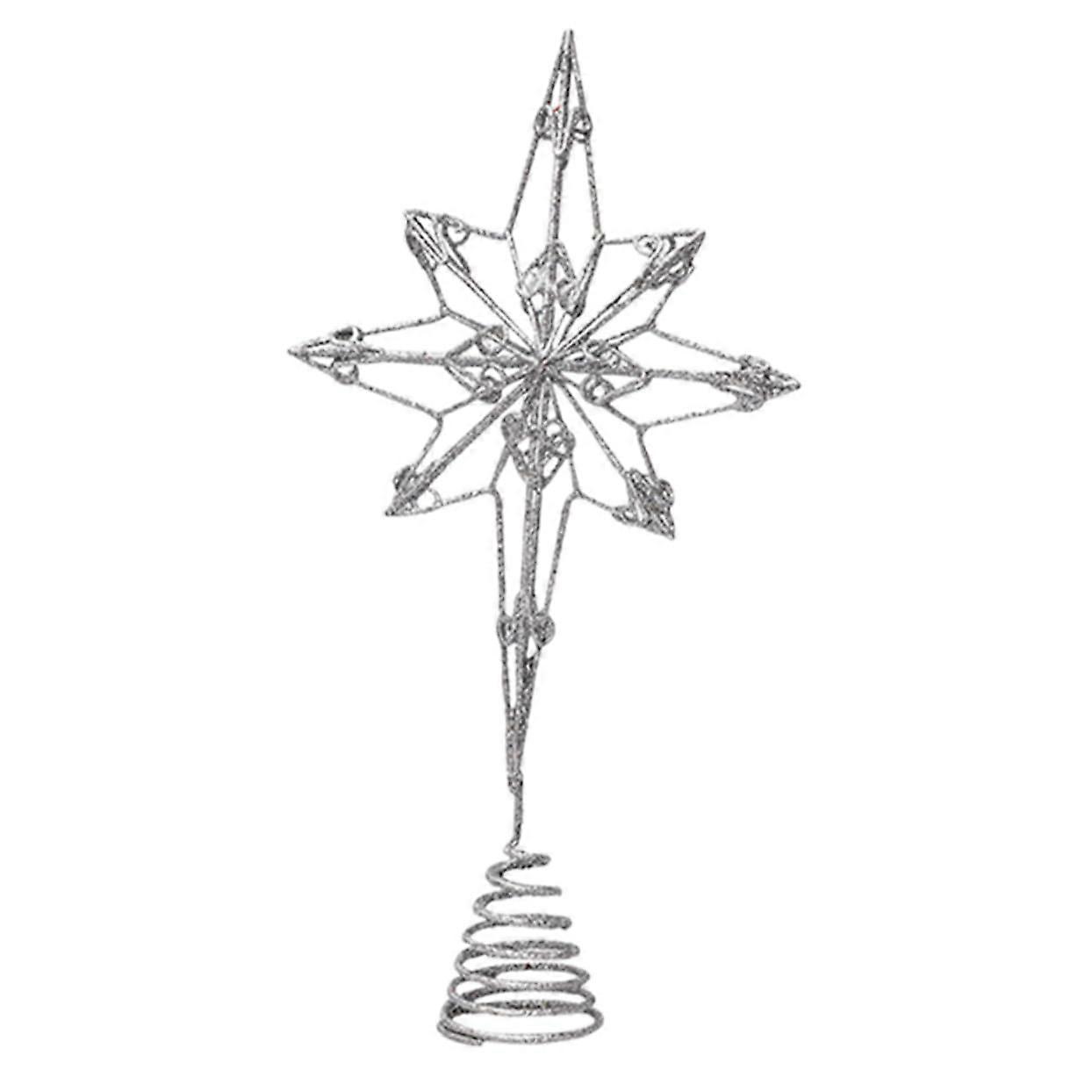 Christmas Tree Topper Eight Pointed Silver Star With Spring Bracket For Xmas Tree Decor