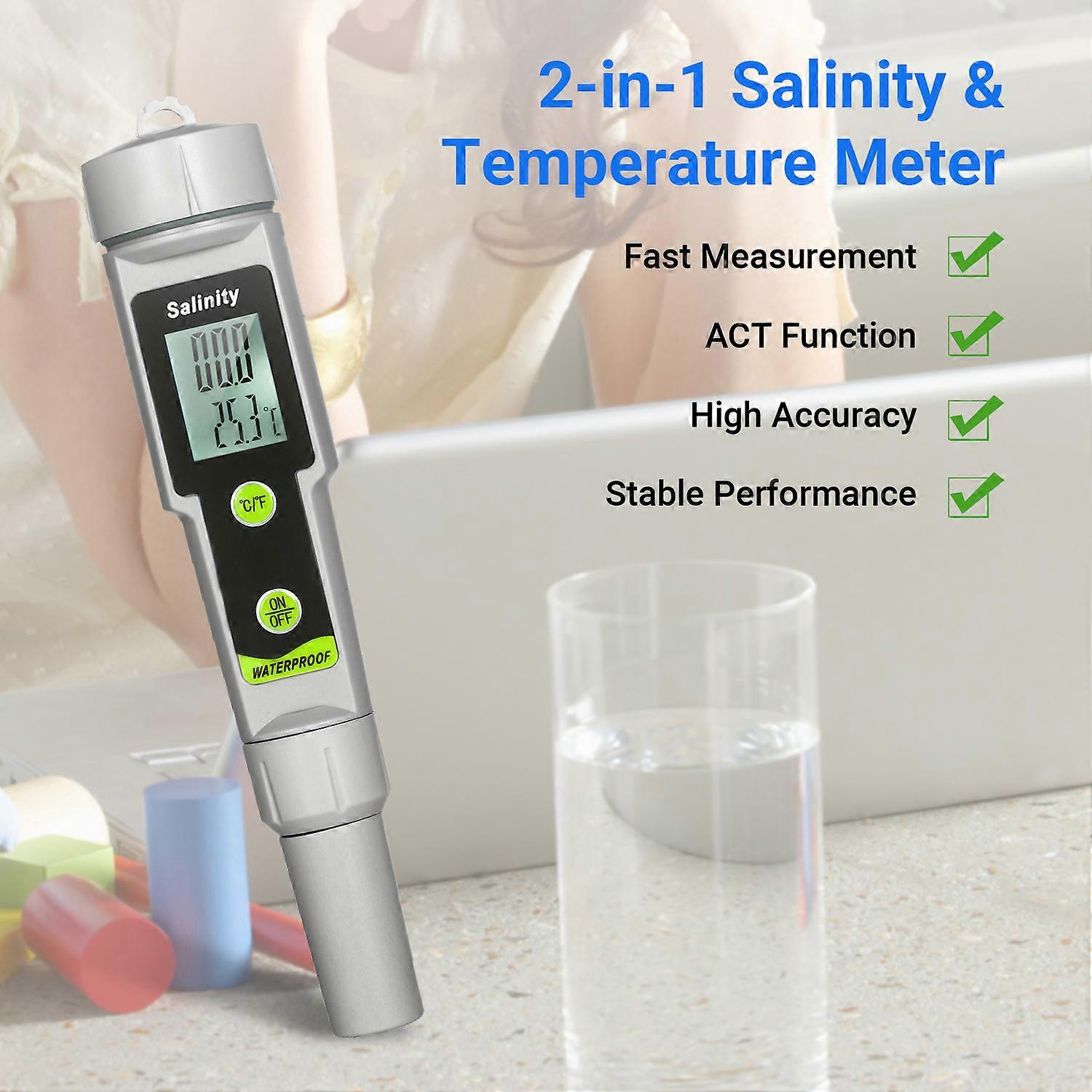 Salinometer Waterproof Salinity Test Pen 2-in-1 Salinity & Temperature Meter Portable Salinity Meter Salimeter Pen Type Salinograph 0~199.9ppt Range 